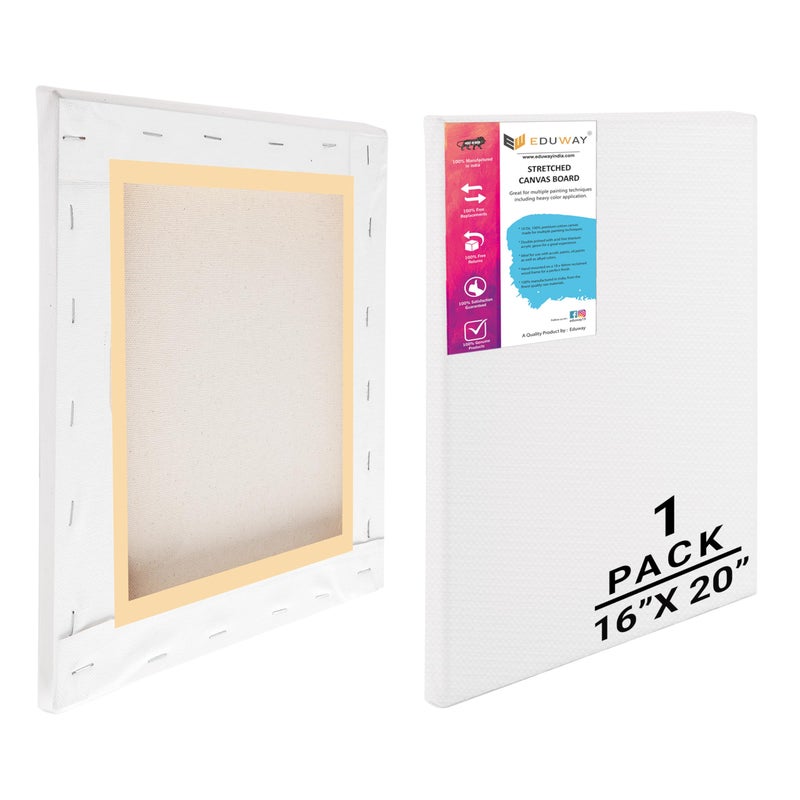 Eduway إدووي® قماش رسم قطن معالج مسبقًا بحجم 16x20 بوصة مع إطار خشبي للمبتدئين والفنانين | مناسب مع الألوان الأكريليكية والزيتية وألوان الماء - (مجموعة من 1) - Image 1
