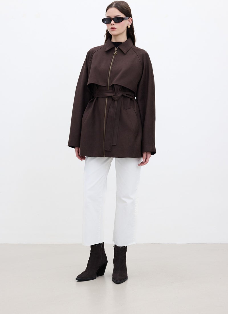 Manuka Suede Trench Style Jacket Brown  - Image 3