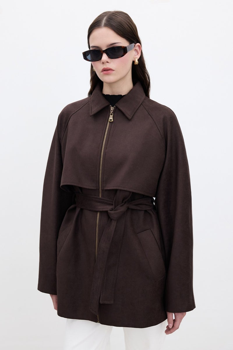 Manuka Suede Trench Style Jacket Brown  - Image 1