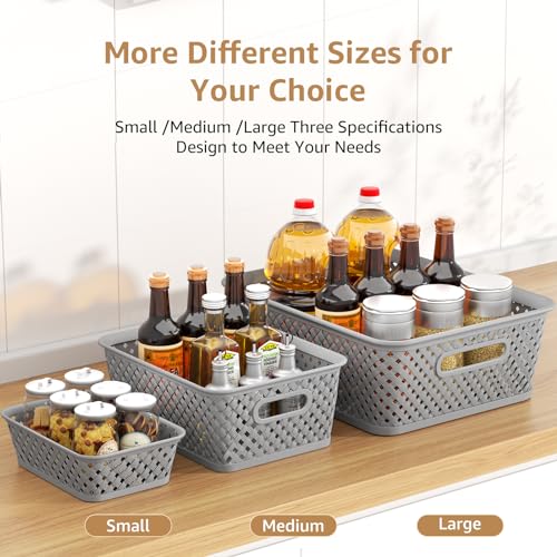MaxGear Organization and Storage 3 Packs, Plastic Bins Organizer Bins, Woven Baskets for Storage, Plastic Baskets with Handles, Grey Basket for Organizing, Basket Organizer for Home and Office, Large - Image 3