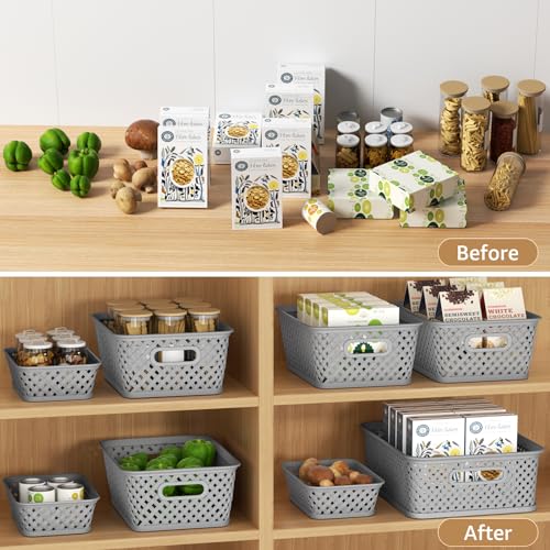 MaxGear Organization and Storage 3 Packs, Plastic Bins Organizer Bins, Woven Baskets for Storage, Plastic Baskets with Handles, Grey Basket for Organizing, Basket Organizer for Home and Office, Large - Image 4
