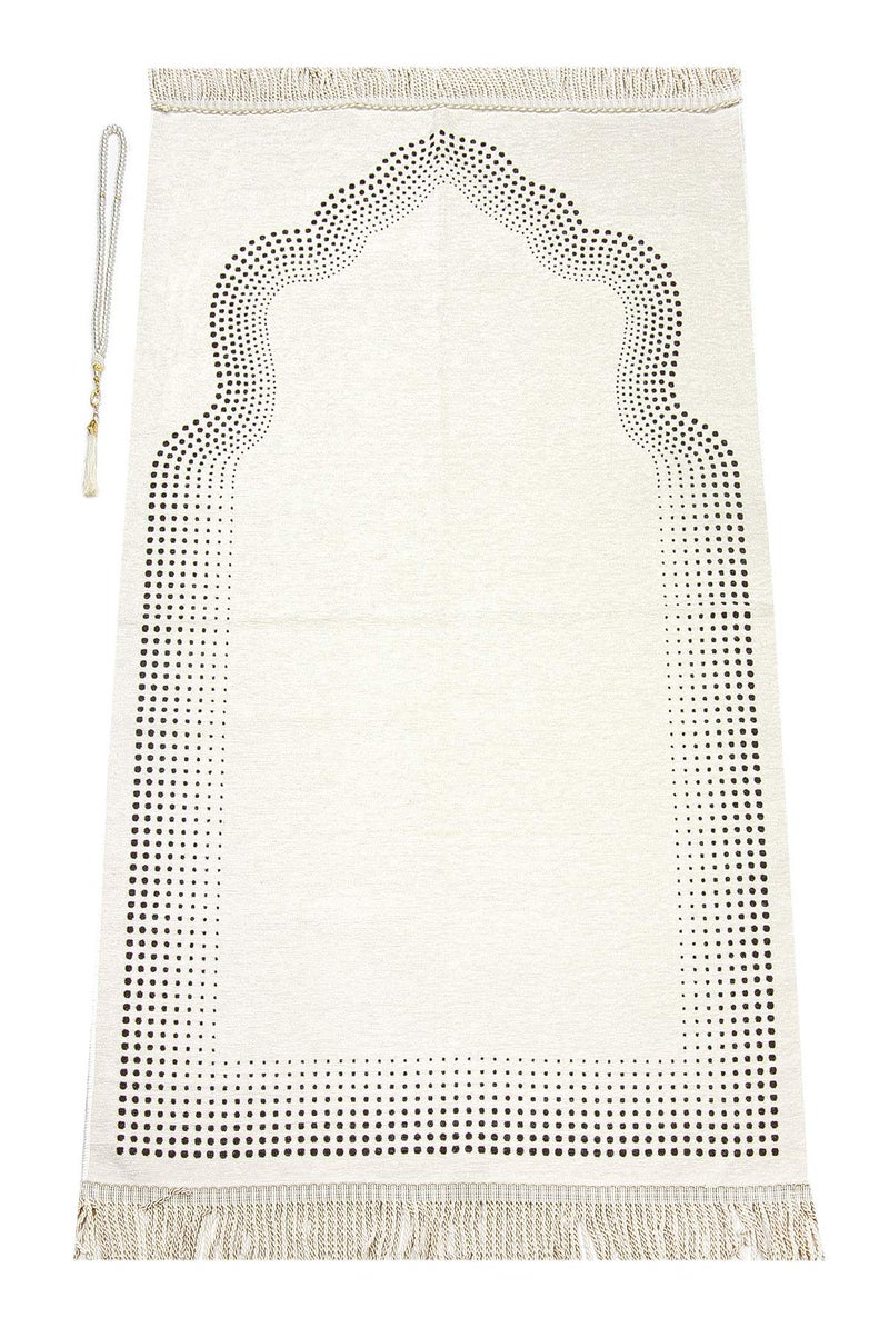 İhvan Online Muslim Prayer Rug with Prayer Beads  Janamaz  Sajadah  Soft Islamic Prayer Rug with Mihrab Design  Islamic Gifts  Prayer Carpet Mat Chenille Fabric Cream