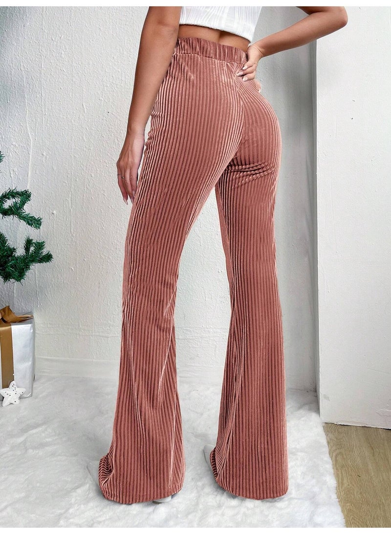 general Women's Solid Color High Waist Slim Small Bell Bottoms Corduroy Casual Pants - Image 3