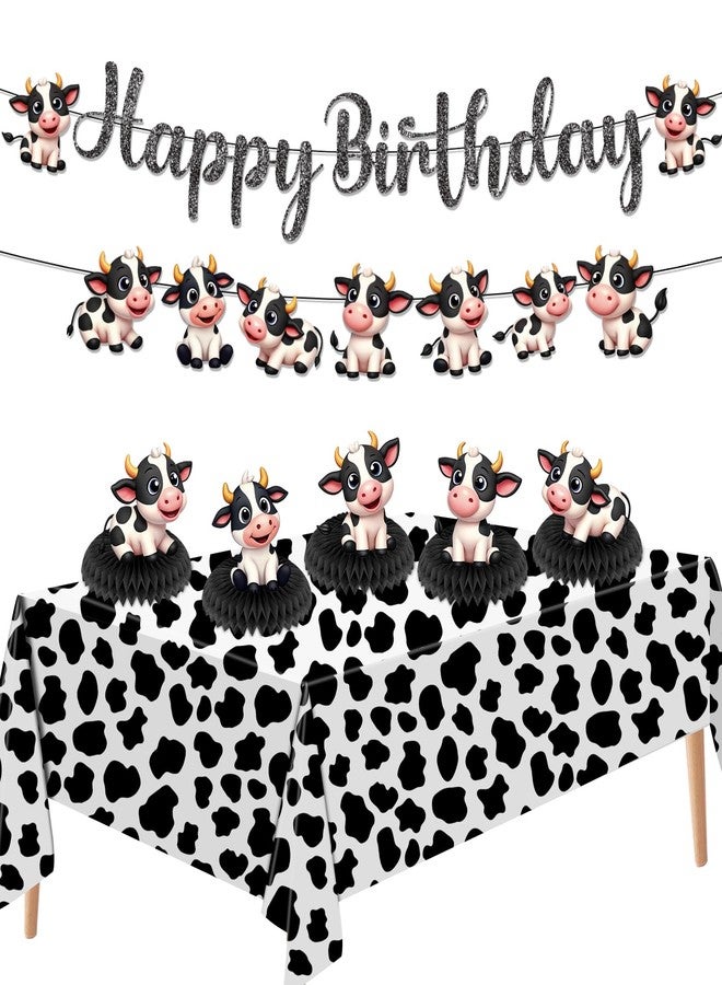 TagreSpike Cow Birthday Party Decorations Cow Theme Birthday Decorations Happy Birthday Banner Cow Print Honeycomb Black White Cow Tablecloth Western Farm Animal Party Supplies for Cowgirl Cowboy Birthday - Image 1