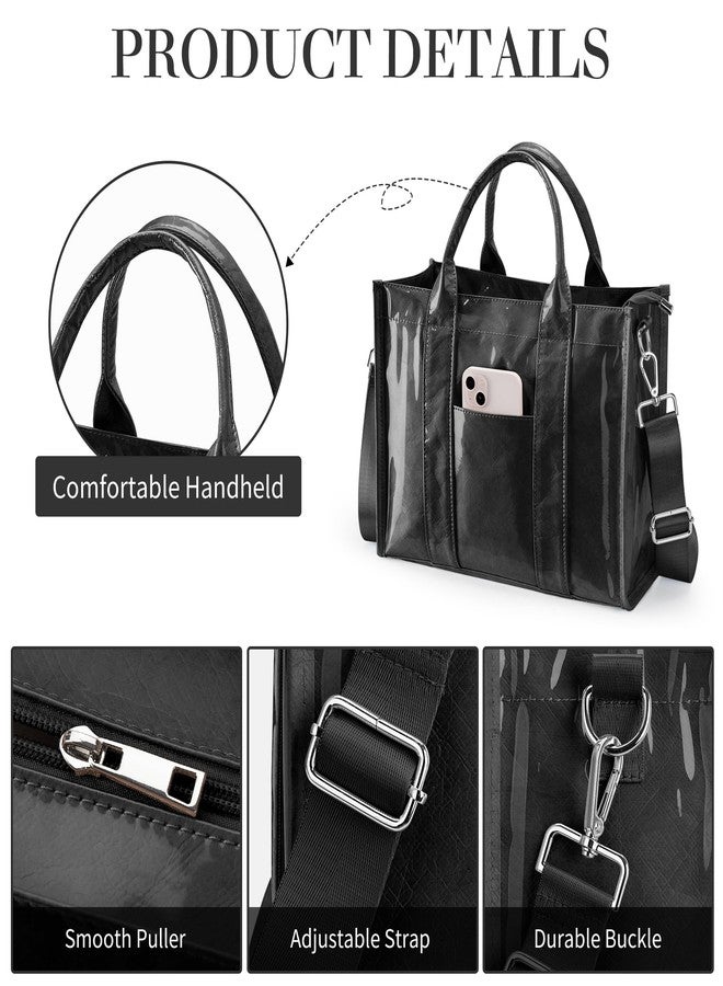 DIXEIGHT PVC Tote Bag Women Kraft Paper Large Purse Zipper Shoulder Crossbody Bag Travel Work Handbags with Top Handle, Black, One size - Image 5