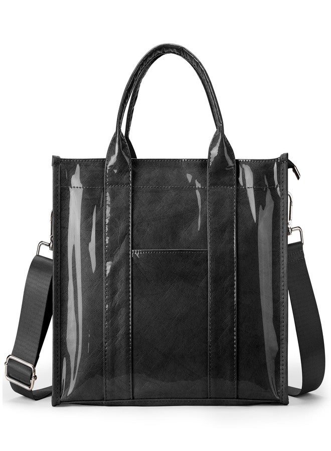 DIXEIGHT PVC Tote Bag Women Kraft Paper Large Purse Zipper Shoulder Crossbody Bag Travel Work Handbags with Top Handle, Black, One size - Image 1