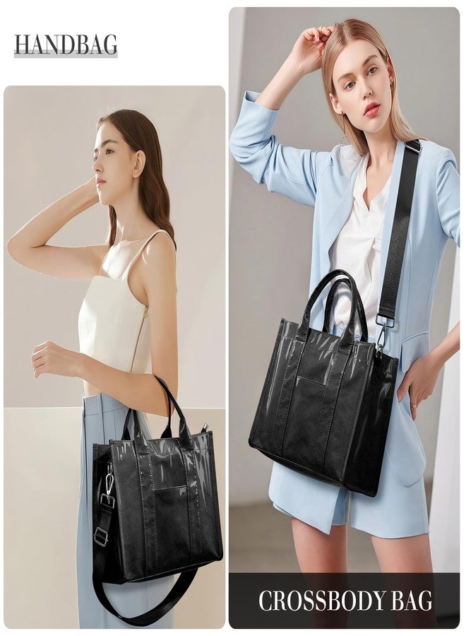 DIXEIGHT PVC Tote Bag Women Kraft Paper Large Purse Zipper Shoulder Crossbody Bag Travel Work Handbags with Top Handle, Black, One size - Image 2