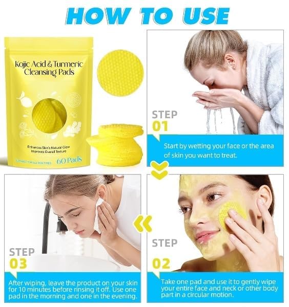 doville Kojic Acid and Turmeric Cleansing, Turmearic Cleansing with Vitamin B5, Vitamin C, Turmeric Pads Infused Foaming Exfoliating, Turmeric Lemon Chamomile Pads for Face -60PCS - Image 4