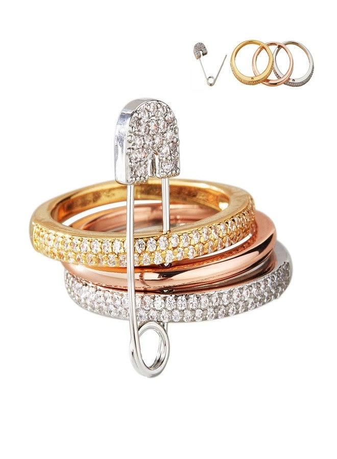 BLBLJERY Safety Pin Silver& Gold Stackable Rings for Women Non Tarnish 14k Gold Plated Statement Ring Set Cubic Zirconia Wedding Rings Thumb Ring Stack Pack Unique Jewelry Gift Women, 9, Metal, Cubic - Image 1