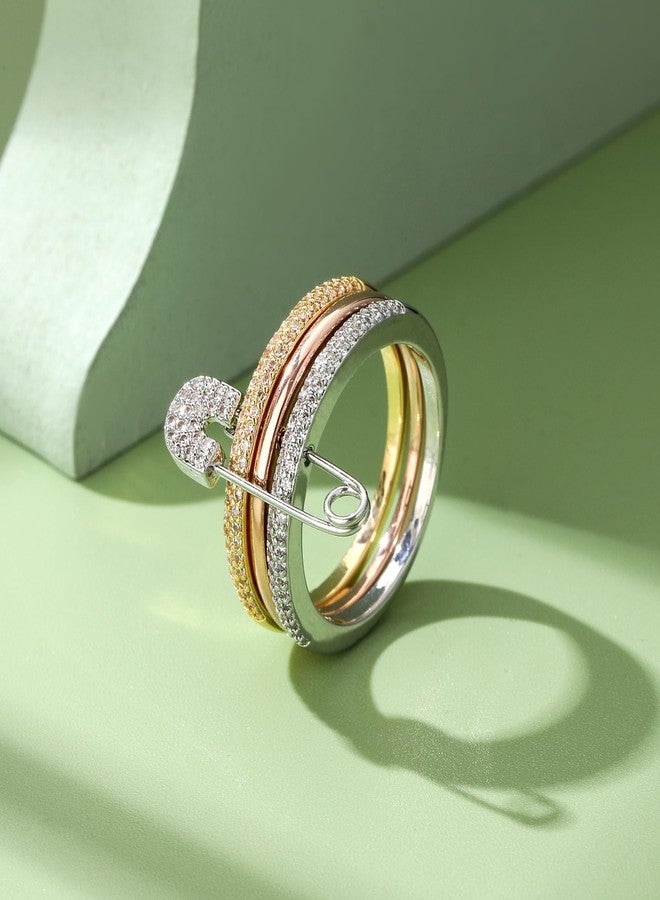 BLBLJERY Safety Pin Silver& Gold Stackable Rings for Women Non Tarnish 14k Gold Plated Statement Ring Set Cubic Zirconia Wedding Rings Thumb Ring Stack Pack Unique Jewelry Gift Women, 9, Metal, Cubic - Image 3