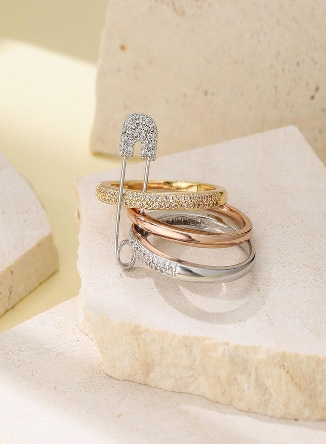 BLBLJERY Safety Pin Silver& Gold Stackable Rings for Women Non Tarnish 14k Gold Plated Statement Ring Set Cubic Zirconia Wedding Rings Thumb Ring Stack Pack Unique Jewelry Gift Women, 9, Metal, Cubic - Image 4