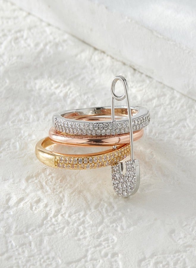 BLBLJERY Safety Pin Silver& Gold Stackable Rings for Women Non Tarnish 14k Gold Plated Statement Ring Set Cubic Zirconia Wedding Rings Thumb Ring Stack Pack Unique Jewelry Gift Women, 9, Metal, Cubic - Image 5
