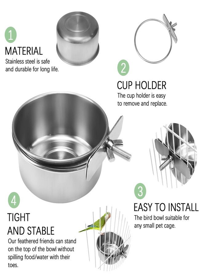 BCHARYA 2 Pack Stainless Steel Bird Food Bowls with Clamp - Rust Proof Metal Feeding Cups for Parrot Cage, Easy Clean Water Dish for Cockatiel Conure Budgie Parakeet Small Animal (3.9 Inch, Silver) - Image 3