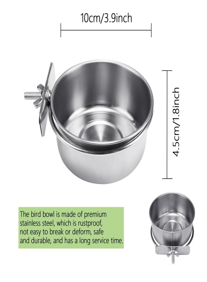 BCHARYA 2 Pack Stainless Steel Bird Food Bowls with Clamp - Rust Proof Metal Feeding Cups for Parrot Cage, Easy Clean Water Dish for Cockatiel Conure Budgie Parakeet Small Animal (3.9 Inch, Silver) - Image 2