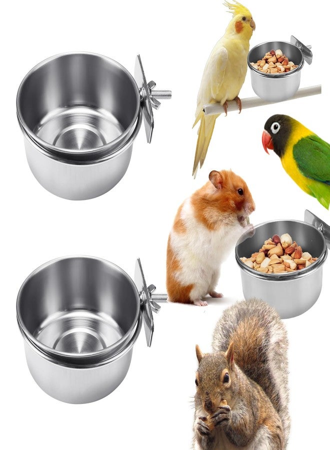 BCHARYA 2 Pack Stainless Steel Bird Food Bowls with Clamp - Rust Proof Metal Feeding Cups for Parrot Cage, Easy Clean Water Dish for Cockatiel Conure Budgie Parakeet Small Animal (3.9 Inch, Silver) - Image 1