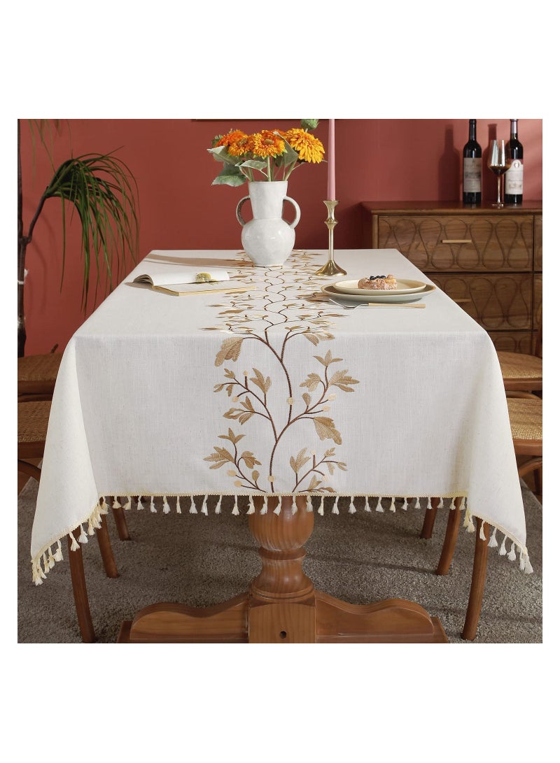 Y&D Cotton Linen Tablecloth for Dining Table Farmhouse Kitchen Rectangle Cloth Coffee Cover, Beige, Flower, 55×55 Inch  - Image 1