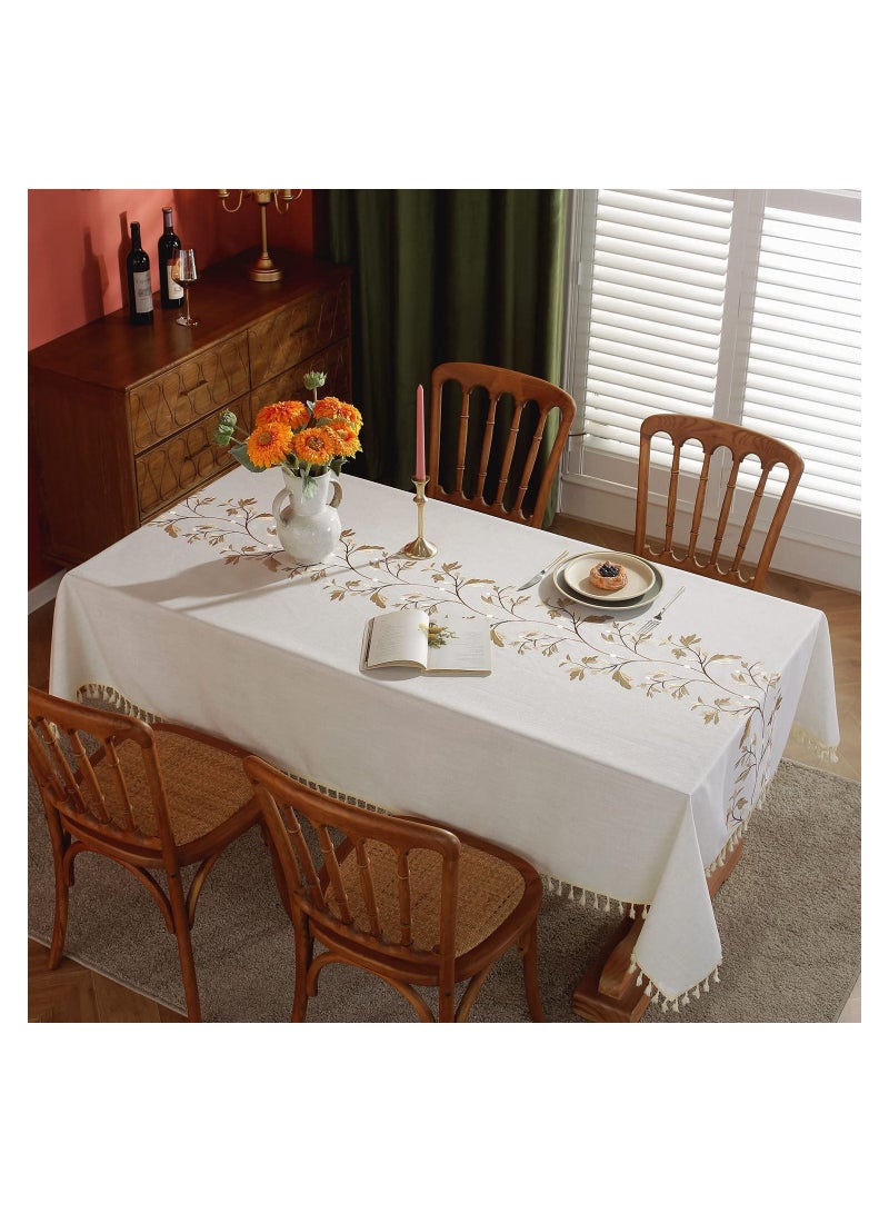 Y&D Cotton Linen Tablecloth for Dining Table Farmhouse Kitchen Rectangle Cloth Coffee Cover, Beige, Flower, 55×55 Inch  - Image 2