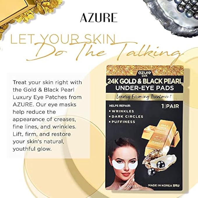 AZURE 24K Gold & Black Pearl Luxury Firming Under Eye Pads - Moisturizing & Restoring Eye Mask Patches - Reduces Fine Lines, Wrinkles, Dark Circles & Puffiness - Skin Care Made in Korea - 5 Pairs - Image 3