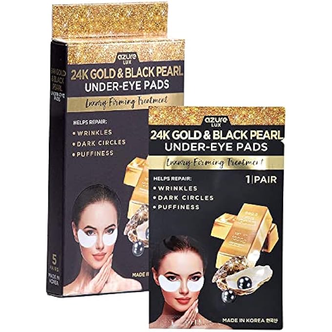 AZURE 24K Gold & Black Pearl Luxury Firming Under Eye Pads - Moisturizing & Restoring Eye Mask Patches - Reduces Fine Lines, Wrinkles, Dark Circles & Puffiness - Skin Care Made in Korea - 5 Pairs - Image 1