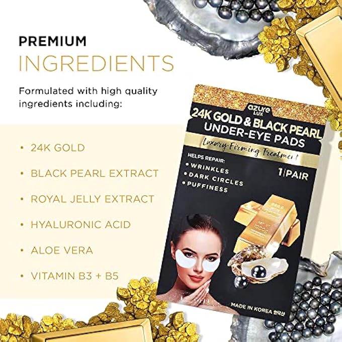 AZURE 24K Gold & Black Pearl Luxury Firming Under Eye Pads - Moisturizing & Restoring Eye Mask Patches - Reduces Fine Lines, Wrinkles, Dark Circles & Puffiness - Skin Care Made in Korea - 5 Pairs - Image 2