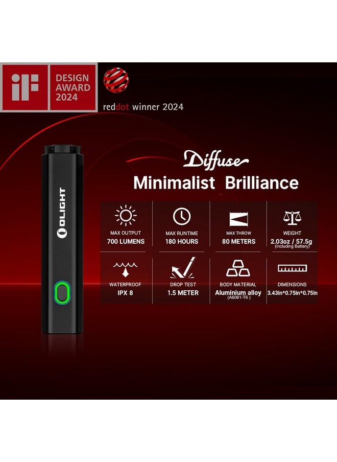 OLIGHT OLIGHT Diffuse Rechargeable EDC Pocket Keychain Flashlight, 700 Lumens USB-C Charging, High-Performance LED AA Flashlight for Outdoor and Night Working(Black)  - Image 1