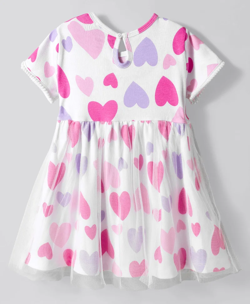 Bonfino Bonfino 100% Cotton Rib All Over Heart Printed Half Sleeves Dress With Mesh Details - White