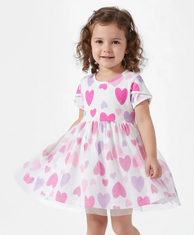 Bonfino Bonfino 100% Cotton Rib All Over Heart Printed Half Sleeves Dress With Mesh Details - White