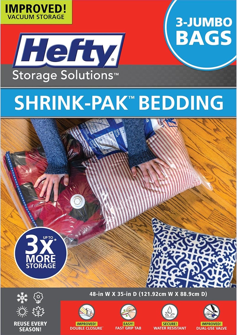 Shrink-Pak Hefty – 3 Jumbo Vacuum Seal Storage Bags – Space Saver Bags for Clothing, Pillows, Towels, or Blankets, 3 x XXL Bags - Image 1