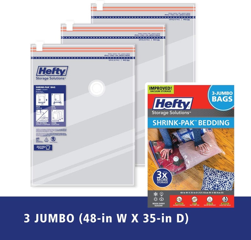 Shrink-Pak Hefty – 3 Jumbo Vacuum Seal Storage Bags – Space Saver Bags for Clothing, Pillows, Towels, or Blankets, 3 x XXL Bags - Image 3