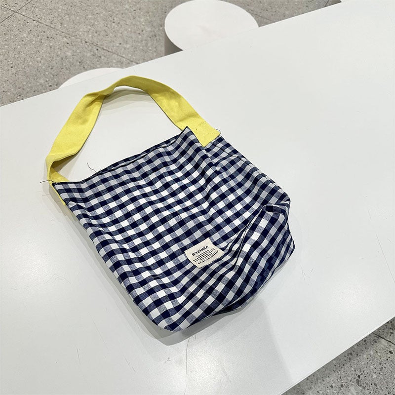 Simple Checkered Women'S Bag, New Trendy Bag, Contrasting Color Shoulder Bag, College Student Fresh Literary Commuting Tote Bag - Image 1