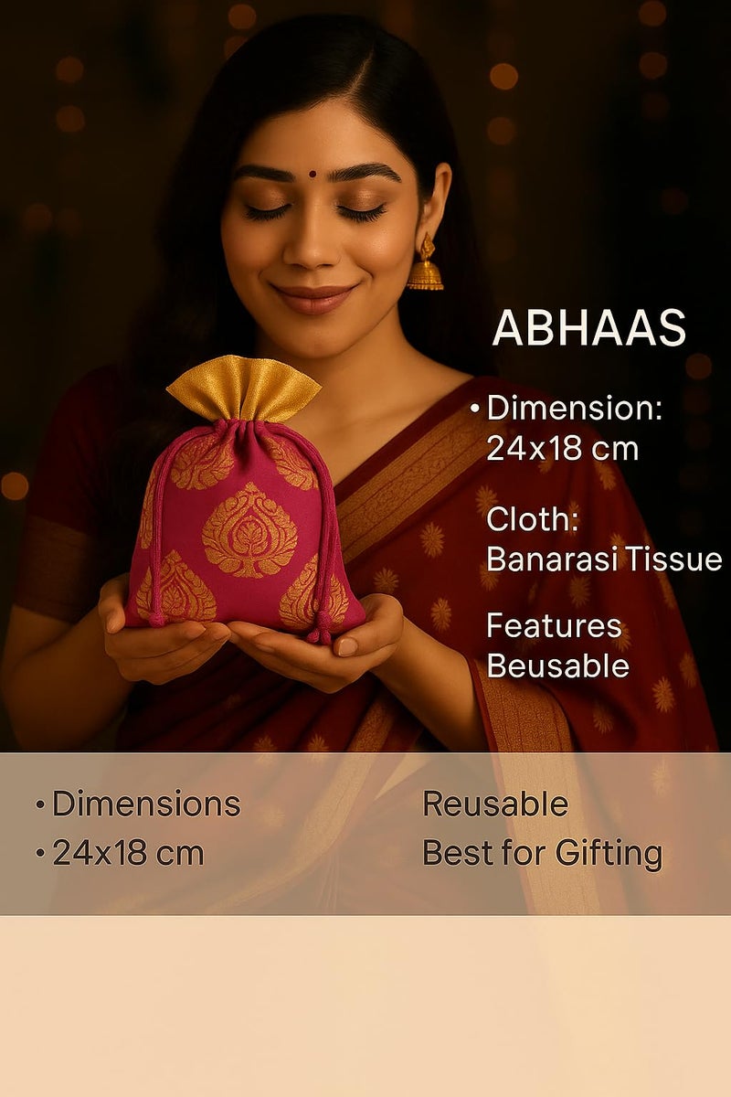 Abhaas 20PCS Drawstrings Potli Bag for Gifting | 23X18CM | for Ladies Wedding, Party Bag Potli Leaf Print for Women Kitty Parties Reusable Return Gift Purpose, Shagun Pouch, Candy Bags - Image 4