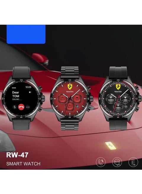 RW47 Round Shape Large Screen AMOLED Display Smart Watch With 3 Pair Straps and Wireless Charger For Men's and Boys Black