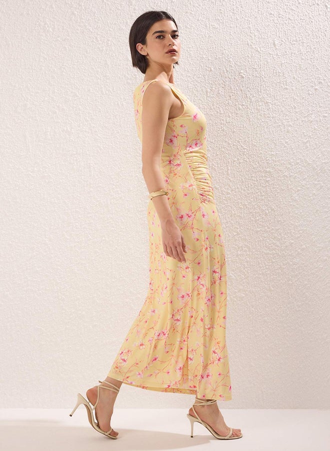 trendyol Orange Flower Printed Bright Surface Boat Rock Body-Hugging Stretchy Knitted Pencil Dress - Image 2