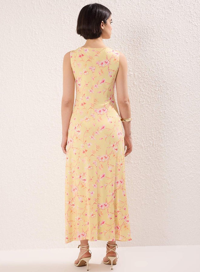 trendyol Orange Flower Printed Bright Surface Boat Rock Body-Hugging Stretchy Knitted Pencil Dress - Image 4