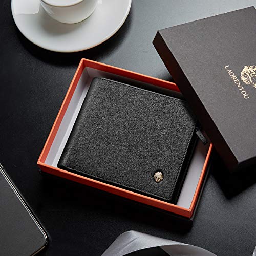LAORENTOU Leather Wallets for Men, Genuine Leather Gift Box Packaging Men's Short Wallet with Zipper Pocket Mens Bifold Wallet Credit Card Holder Casual Men Purse (Black) - Image 2