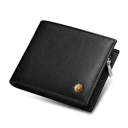 LAORENTOU Leather Wallets for Men, Genuine Leather Gift Box Packaging Men's Short Wallet with Zipper Pocket Mens Bifold Wallet Credit Card Holder Casual Men Purse (Black) - Image 1