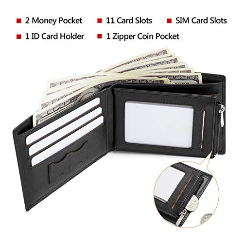 LAORENTOU Leather Wallets for Men, Genuine Leather Gift Box Packaging Men's Short Wallet with Zipper Pocket Mens Bifold Wallet Credit Card Holder Casual Men Purse (Black) - Image 5