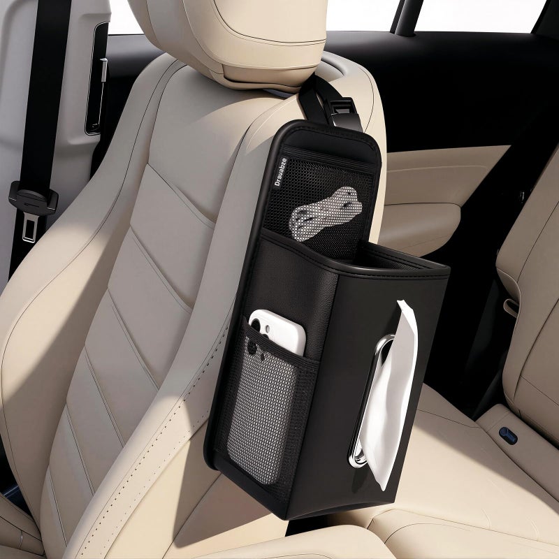 Drsvabze Car Tissue Holder for Kleenex 120/160 Count,Rectangular Car Storage Box, Side Mount Organizer with 3 Mesh Pockets, Hanging Bag, Waterproof PU Leather, for Front and Back Seat - Image 1