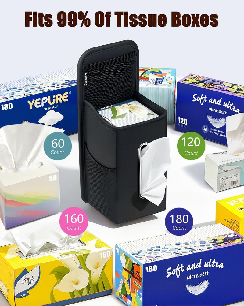 Drsvabze Car Tissue Holder for Kleenex 120/160 Count,Rectangular Car Storage Box, Side Mount Organizer with 3 Mesh Pockets, Hanging Bag, Waterproof PU Leather, for Front and Back Seat - Image 2