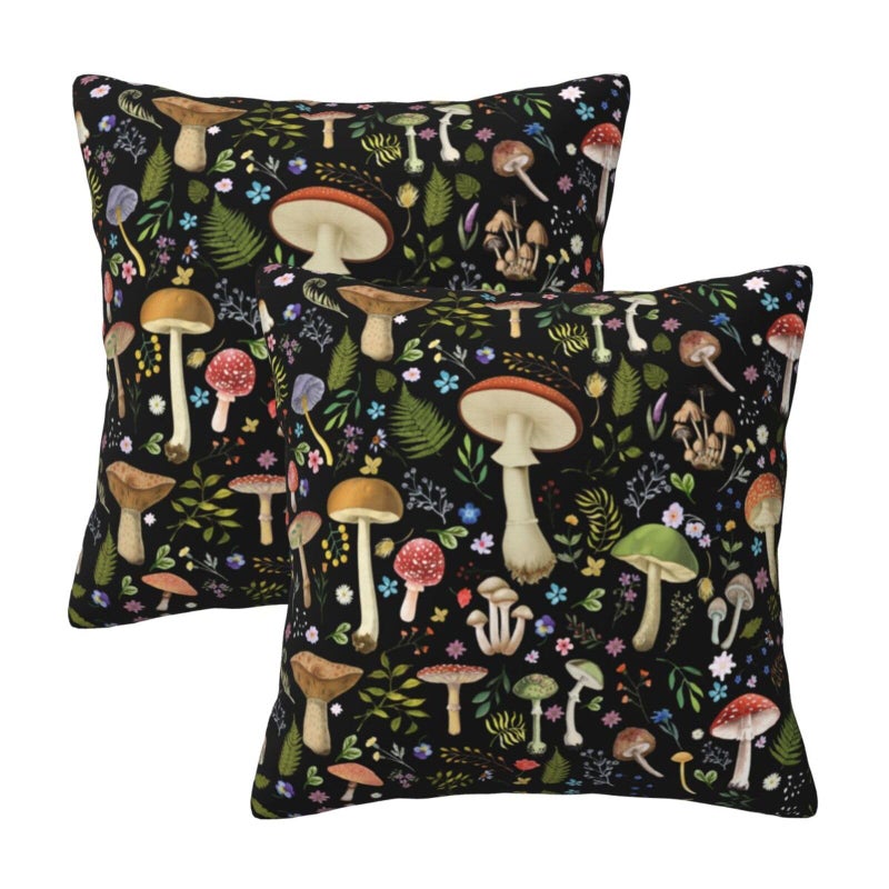 Poream Mushroom Flower Farmhouse Throw Pillow Covers 18x18 in Black Pillow Case Soft Outdoor Pillow case Cushion Covers Set of 2 for Sofa Bed Bedroom Car Chair Living Room Home Decorative - Image 1