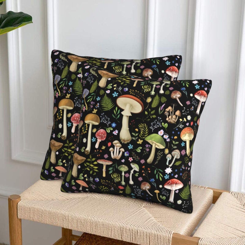 Poream Mushroom Flower Farmhouse Throw Pillow Covers 18x18 in Black Pillow Case Soft Outdoor Pillow case Cushion Covers Set of 2 for Sofa Bed Bedroom Car Chair Living Room Home Decorative - Image 4