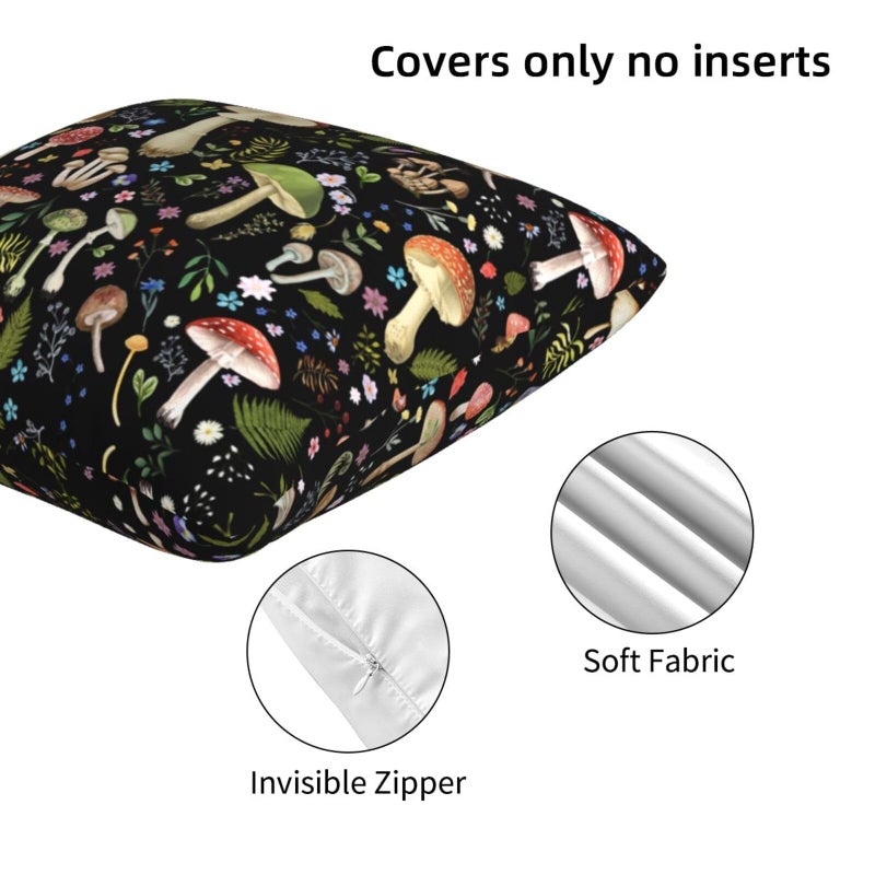 Poream Mushroom Flower Farmhouse Throw Pillow Covers 18x18 in Black Pillow Case Soft Outdoor Pillow case Cushion Covers Set of 2 for Sofa Bed Bedroom Car Chair Living Room Home Decorative - Image 5
