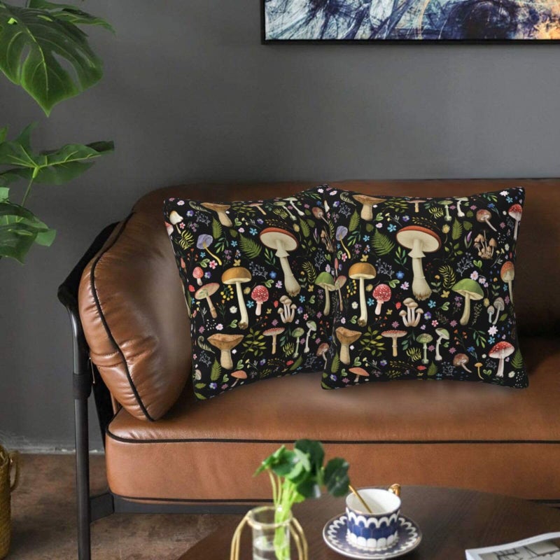 Poream Mushroom Flower Farmhouse Throw Pillow Covers 18x18 in Black Pillow Case Soft Outdoor Pillow case Cushion Covers Set of 2 for Sofa Bed Bedroom Car Chair Living Room Home Decorative - Image 2