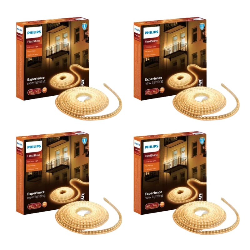 Philips 5 متر ضوء حبل LED | فليكسشاين قابس وتشغيل مرن للزينة الداخلية والخارجية | ضوء للسقف المعلق، الشرفة، ديوالي، عيد الميلاد | أبيض دافئ، عبوة من 4 - Image 1