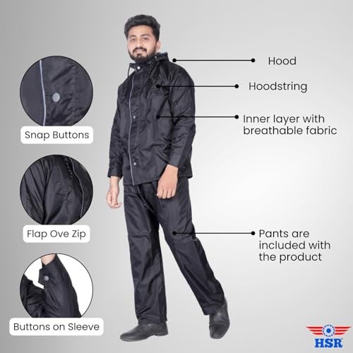 HSR Casual Style Raincoat 100% Waterproof Polyester Double Layer Standard Length Rain Coat For Men Bike With Pants, Adjustable Hood (Xl, Black) - Image 3