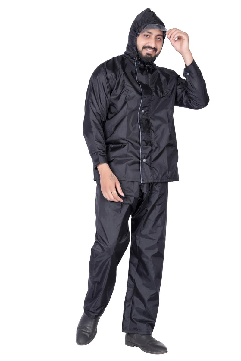 HSR Casual Style Raincoat 100% Waterproof Polyester Double Layer Standard Length Rain Coat For Men Bike With Pants, Adjustable Hood (Xl, Black) - Image 1