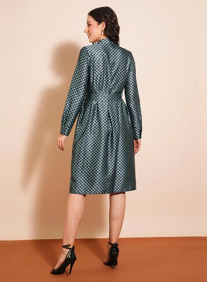 globus Geometric Print Belted Detail Shirt Midi Dress