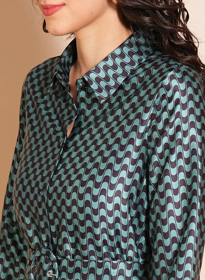 globus Geometric Print Belted Detail Shirt Midi Dress