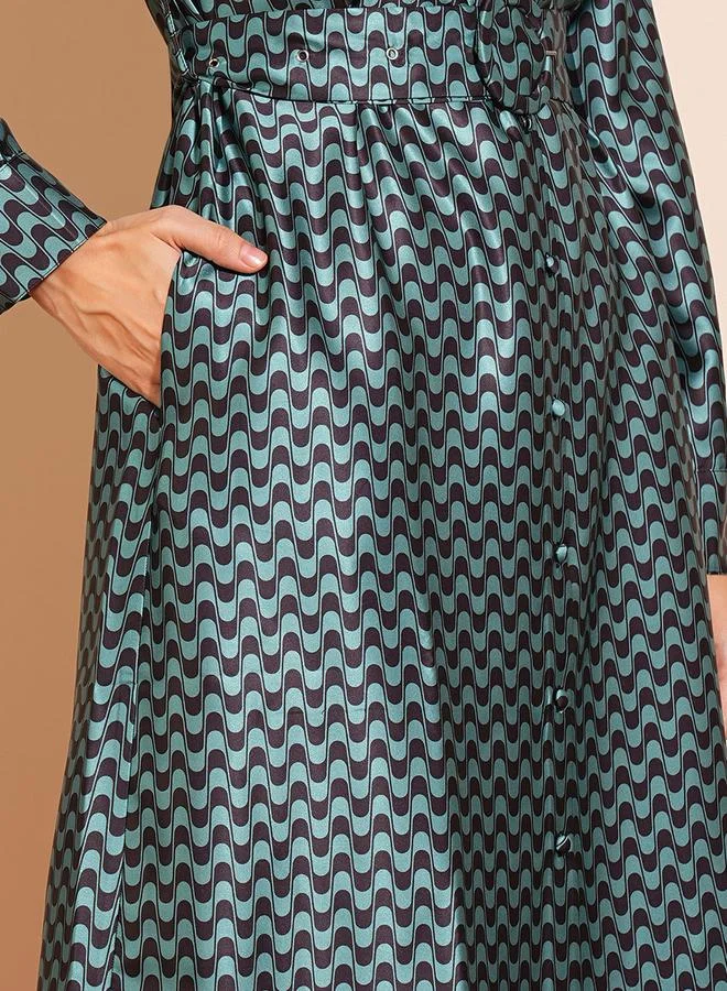 globus Geometric Print Belted Detail Shirt Midi Dress