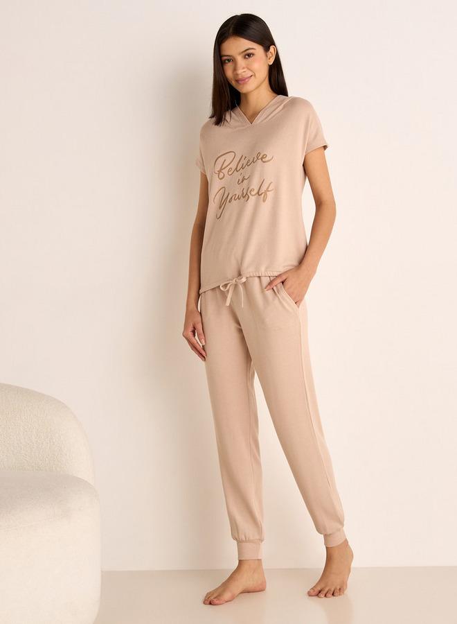 Splash FAV Slogan Print Hooded T-shirt and Elasticated Joggers Set - Image 1